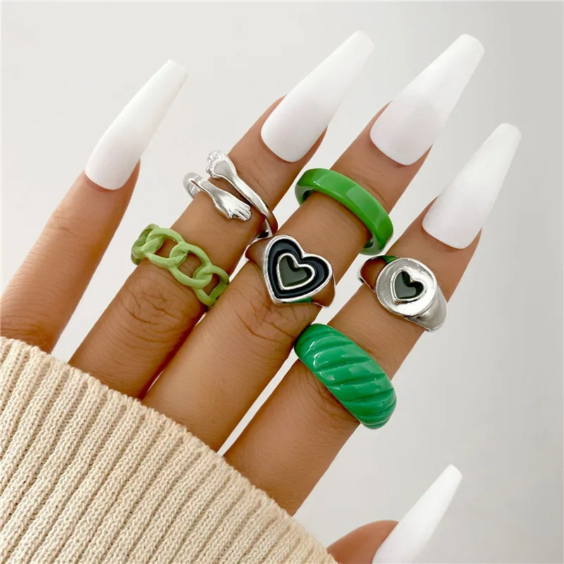 

KOTiK Bohemian Korean Colorful Transparent Resin Acrylic Rings Set for Women Trendy Geometric Heart Ring Wedding Jewelry