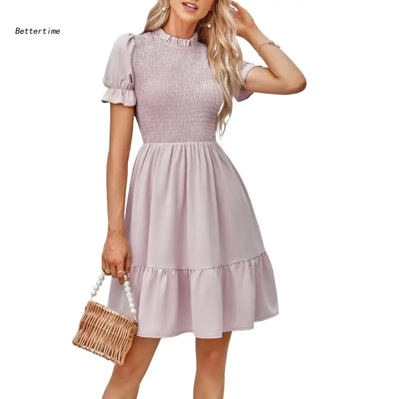 

B36D женское платье с коротким рукавом и воротником-стойкой, летнее платье-миди трапециевидного силуэта, коктейльное платье