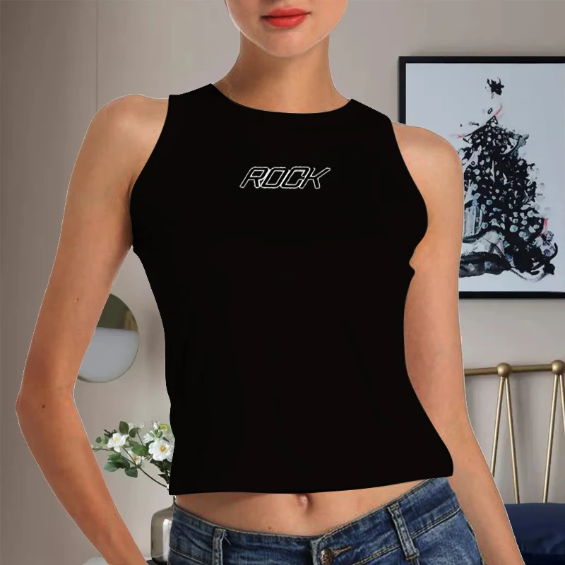 

Y2K T-Shirts Goth Rock Letter Print Tops Stripe Cute Dark Academia Sweat Casual Vest Tops Women Sleeveless Basic Tee Shirt