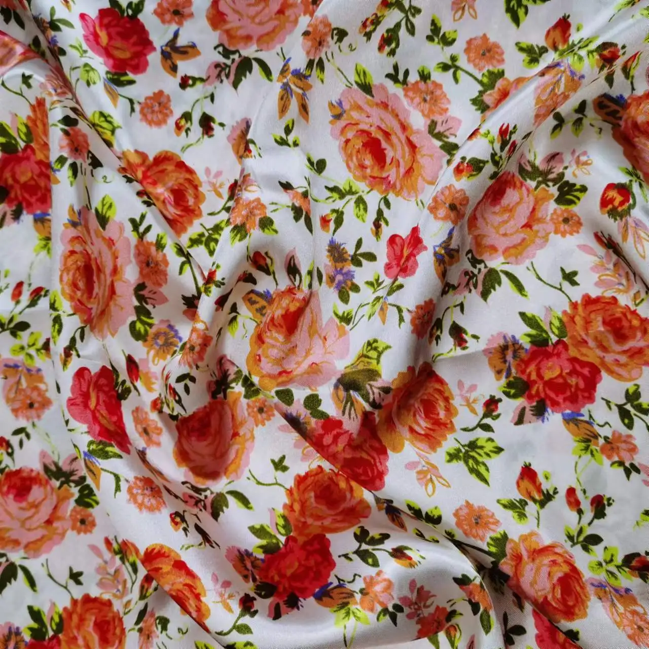 

100cm X 148cm DIY Sewing Green Leafy Rose Printing Satin New Fashion Fabric Material For Shirt Scarf Ties Cosplay