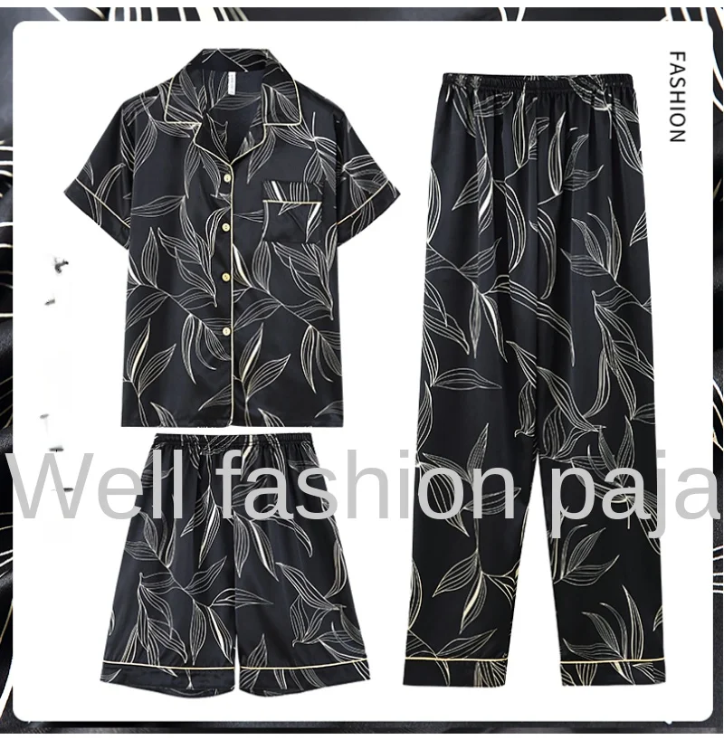 Fashion Summer Autumn 3 Piece Silk Men Pajamas Set Short Sleeve Shorts Oversize Homewear Lapel Collar Loungewear Pijamas for Man