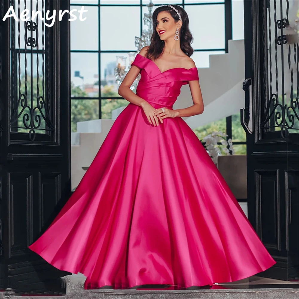 

Aenyrst Simple Off The Shoulder A Line Cocktail Dresses Satin Backless Evening Gowns Floor Length Party Dress For Day And Night