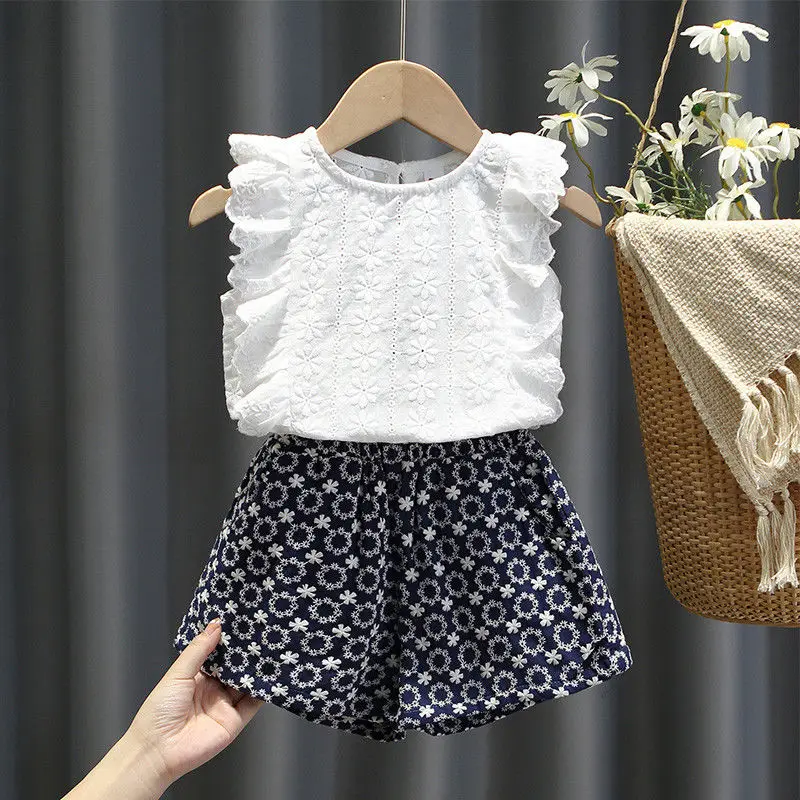 

Summer girls suit new cotton short-sleeved floral vest shorts 2pcs children's baby clothes suit teenage girl clothes 2 5 8Y