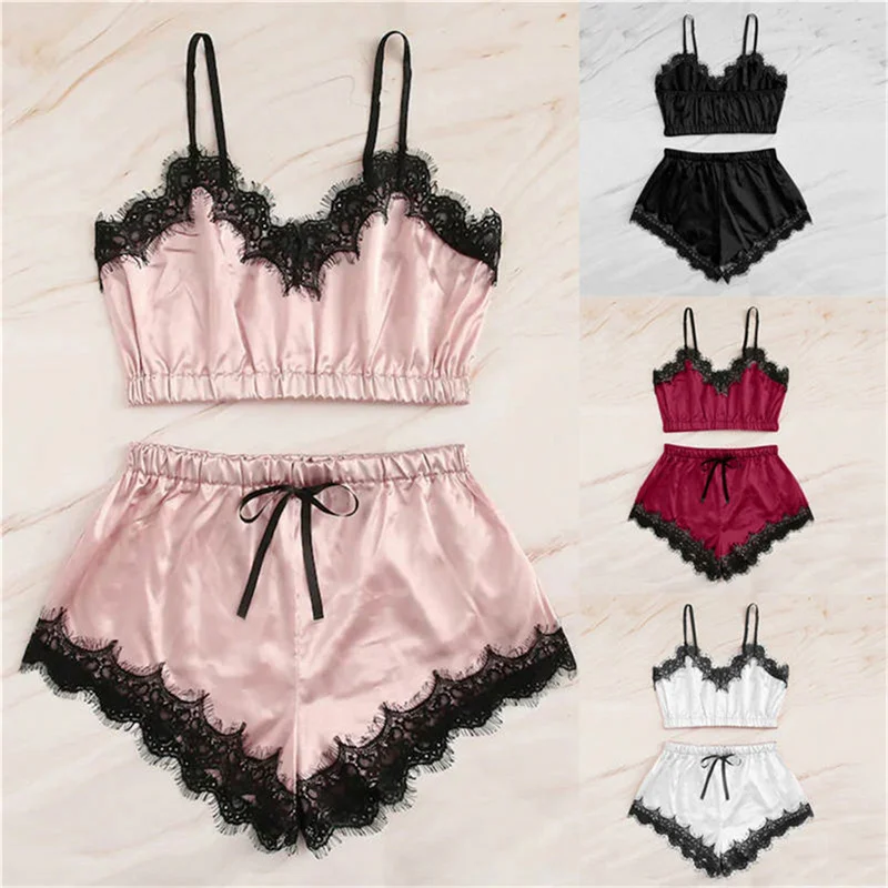 

New Sexy Lingerie Lace Satin Pajama Sets Sleeveless Strap Top+Bow Panty Fashion Temptation Nightwear NightGowns