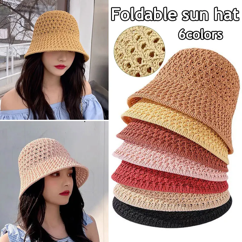 

New Solid Handmade Crochet Floppy Top Summer Hats For Women Hollow Out Knit Dome Bucket Hat Wide Brim Foldable Beach Caps