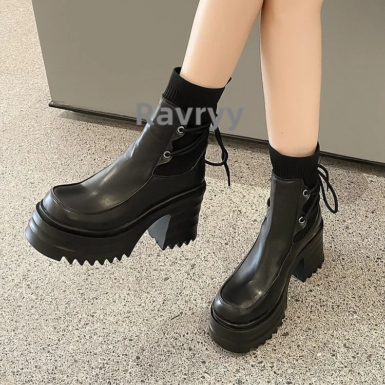 Autumn Winter Muffin Thick Bottomed British Style Knitting Boots Women's Thick Heels Elastic Band High Heels Short Boots