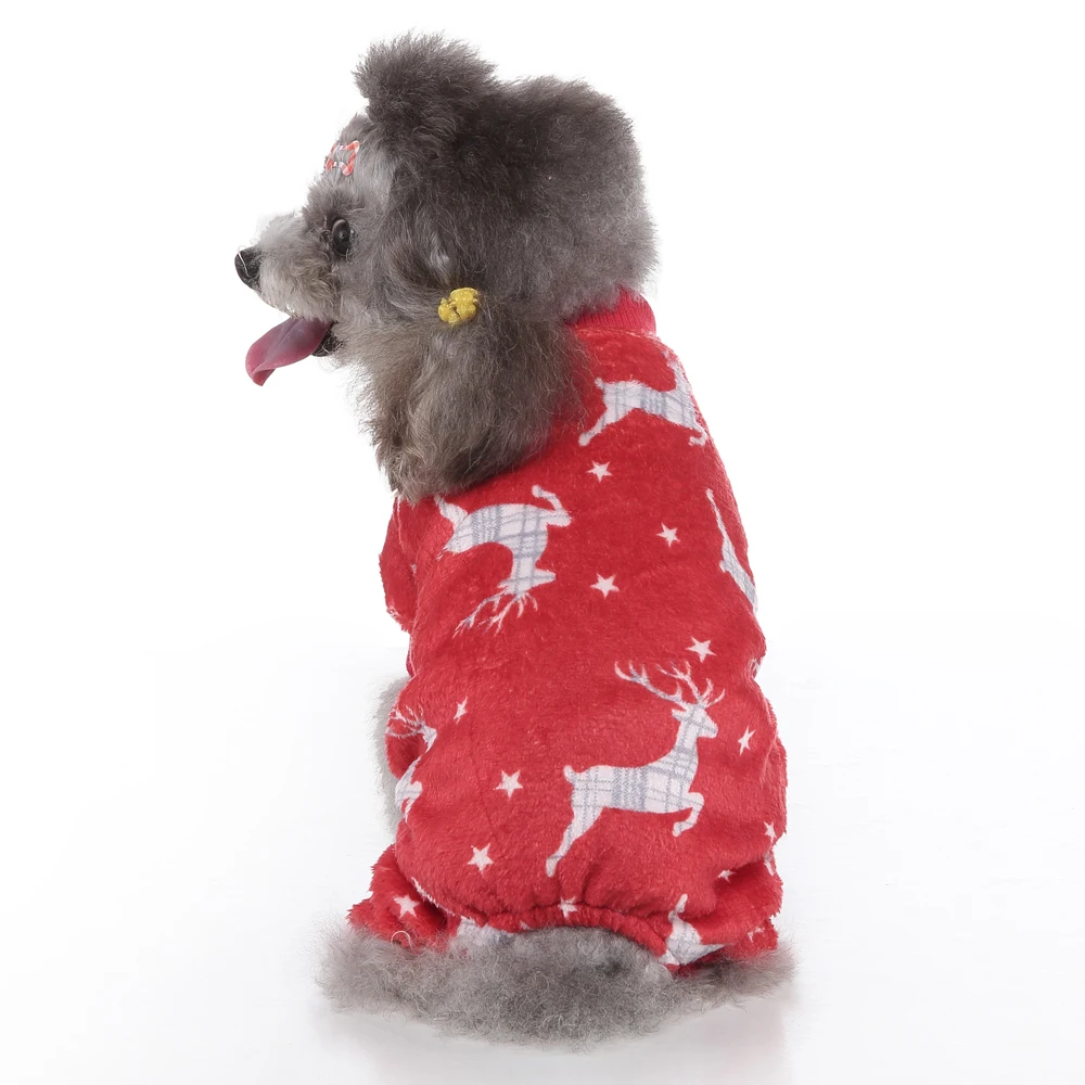 

Christmas Elk Santa Claus Red Print Fluffy Flocking Warmth Anti-cold Leisure Autumn And Winter Pet Clothes Cat Dog Jumpsuit