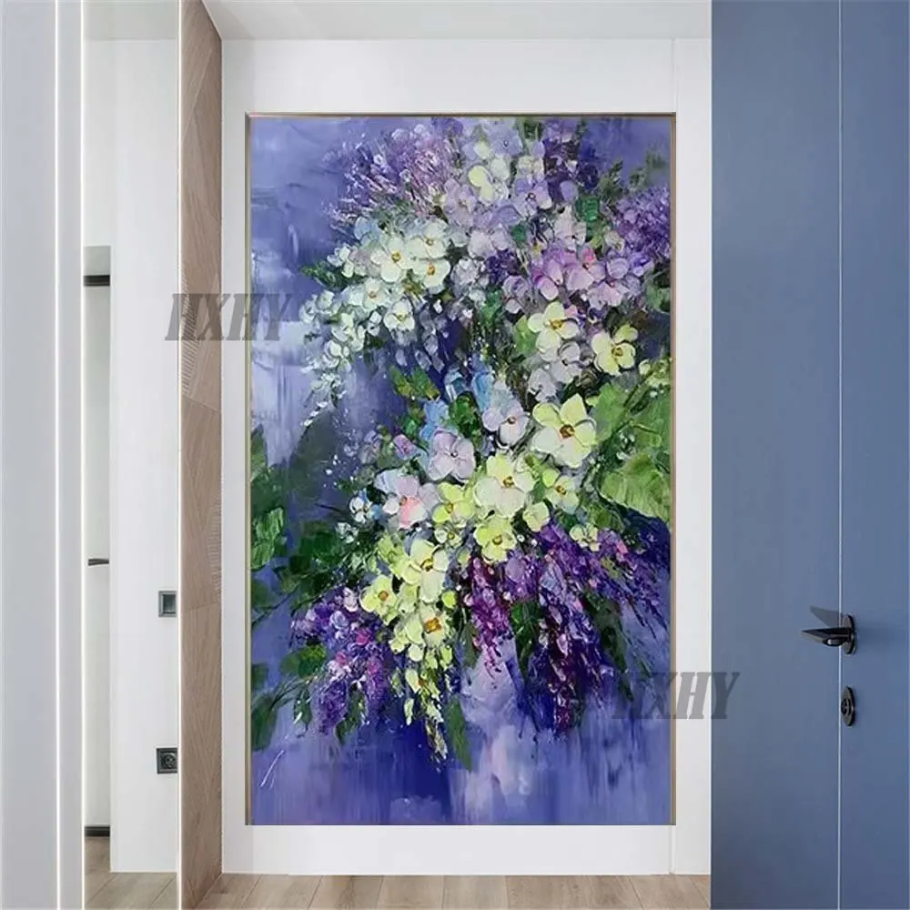 

100% ручная роспись, фиолетовый цветок с зелеными листьями, красивое растение, искусство маслом, картины на холсте, Современный домашний деко...