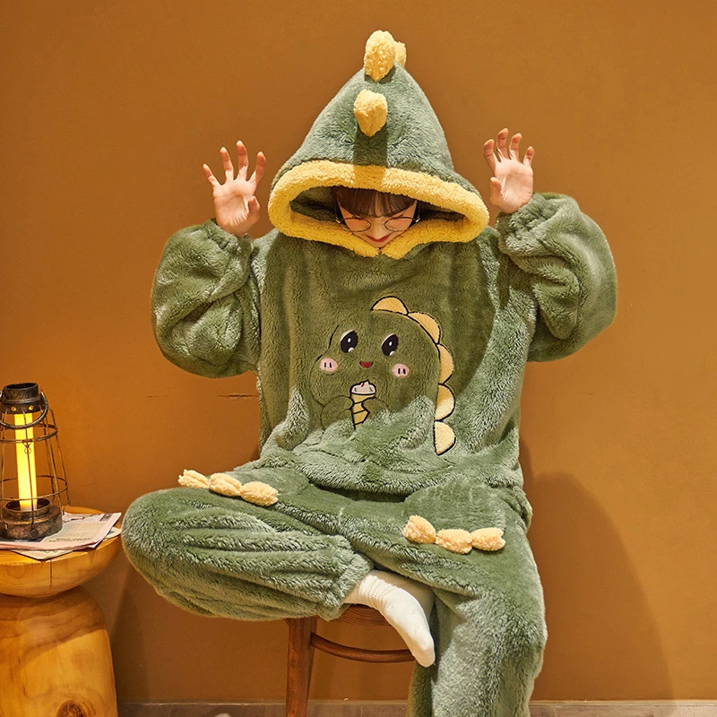 Winter Kigurumis Dinosaur Women Pijama Onesie Jumpsuit Thicken Hoodie Pyjamas Soft Warm Sleepwear Adult Homewear Femme Suit