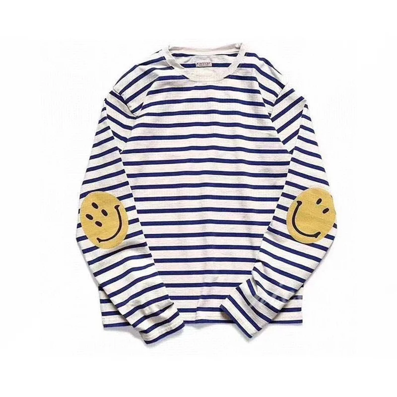 

KAPITAL 22AW Smiling Face Stripe Bottomed Shirt Geranium Long Sleeve T-Shirt For Men And Women