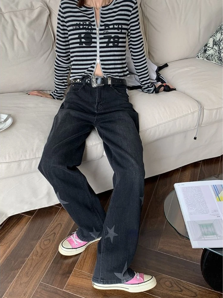 HOUZHOU Black Straight Jeans Women Baggy Star Girl Y2k Harajuku Korean Streetwear Vintage High Waist Denim Pants Acubi Fashion