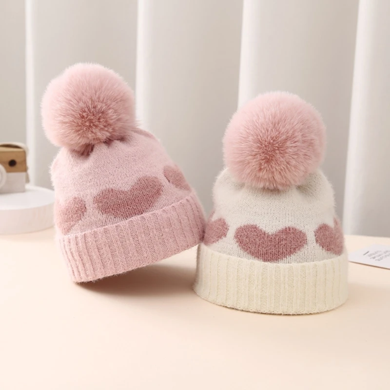 

Winter Warm Hat BigPompom Kids Baby Bonnet Cap Hairball Embroidered Heart Hat