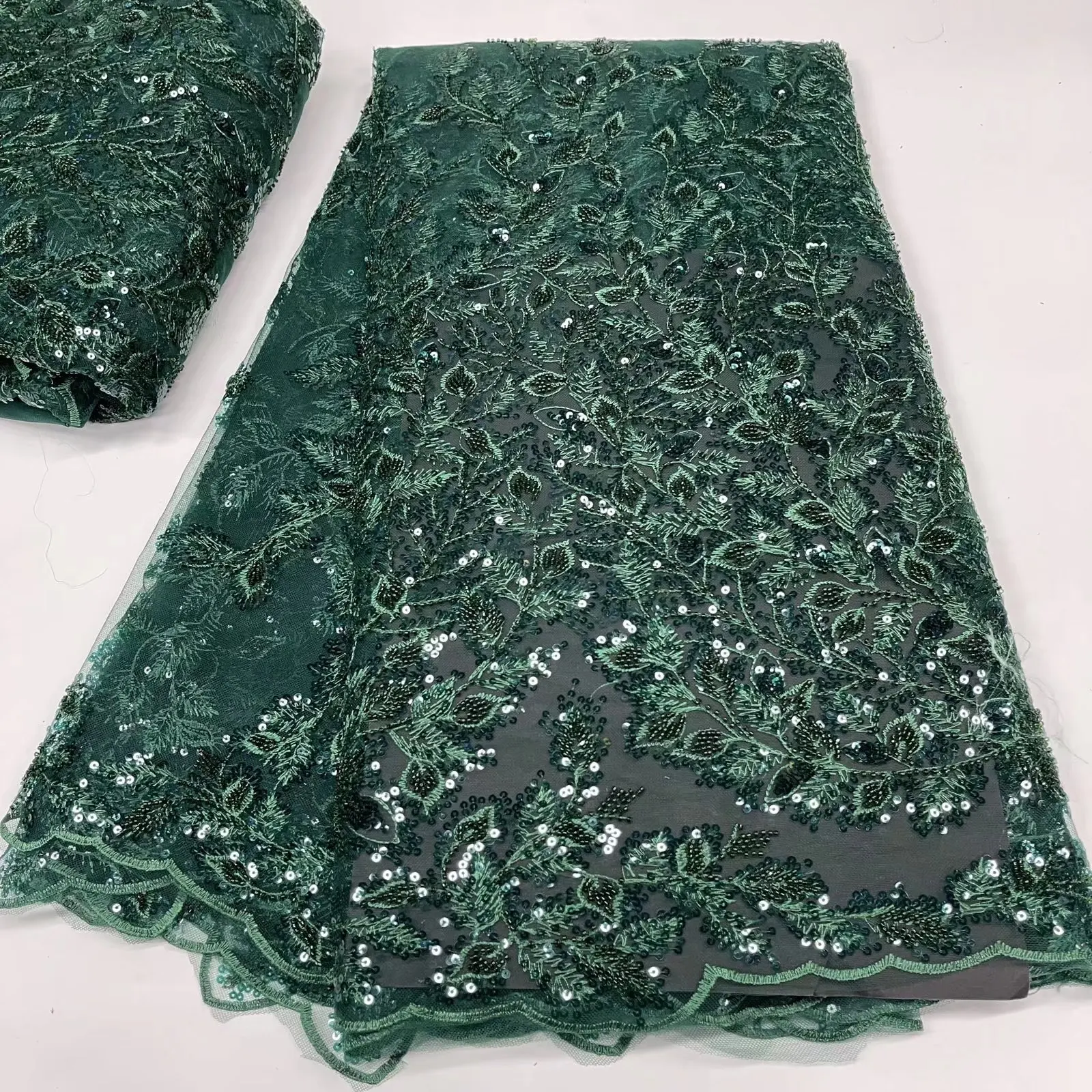 

Latest beaded Design African Net Lace Fabrics In Green High Quliaty Nigerian Sequins Wedding Lace For Dress Sewing jh67-409