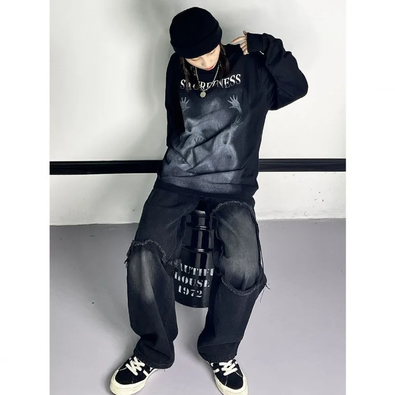 Men's Ripped jeans Darkness Wide Leg Denim Trousers Loose Straight Jeans American Street Style Man Jeans Pants Casual Baggy