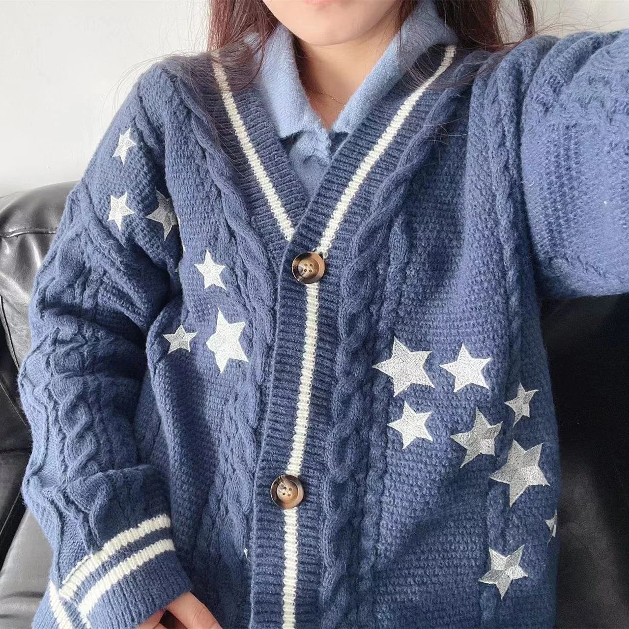 

Navy Blue Handmade Tay Knitted Star Embroidery Lorswift Oversized Cardigans Luxury Women's Korean Fashion Strawberry Kintwears