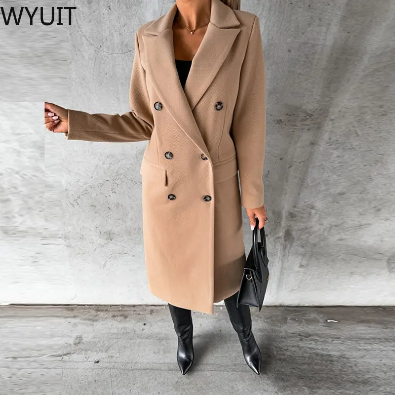 

Женское двубортное пальто с длинным рукавом, однотонная элегантная верхняя одежда с отложным воротником, модная осенне-зимняя куртка