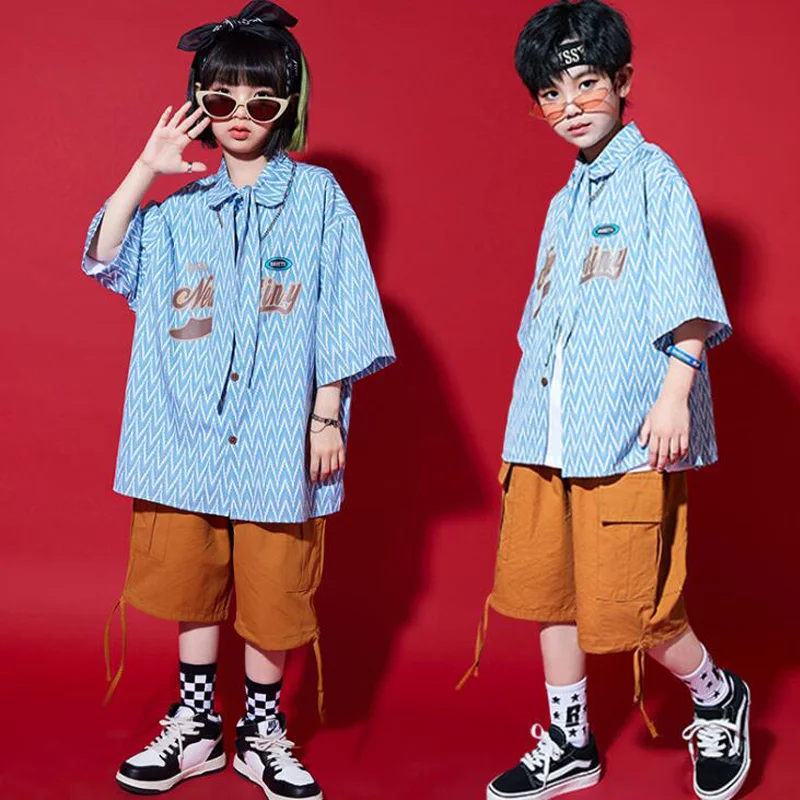 

Детская одежда в стиле хип-хоп, голубая рубашка, топ с коротким рукавом, повседневные летние шорты-карго для девочек и мальчиков, костюмы для джазовых танцев, наряд, одежда