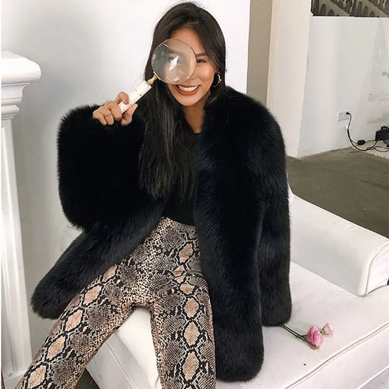Women's Leather Fur Coat Fox Fur Fur Coat Women's Mid-Length Fur Coat Black Furry Coat Faux Fur Coat