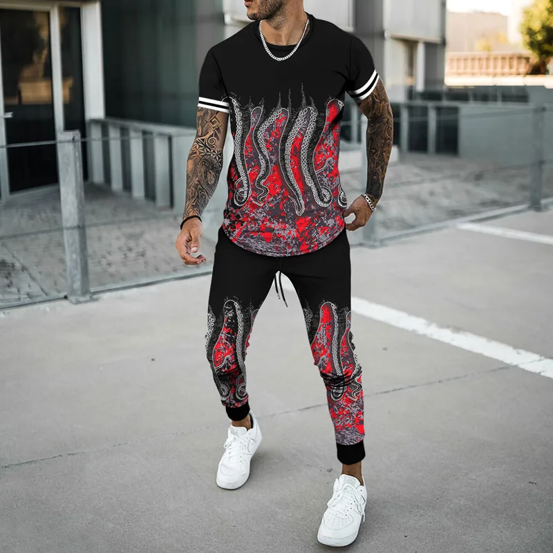 The Tentacle Men's oversized Tracksuit 2 Pieces Sets Men Casual Fitness Short Sleeve T Shirt+Trousers Men's Casual Sportswear Su