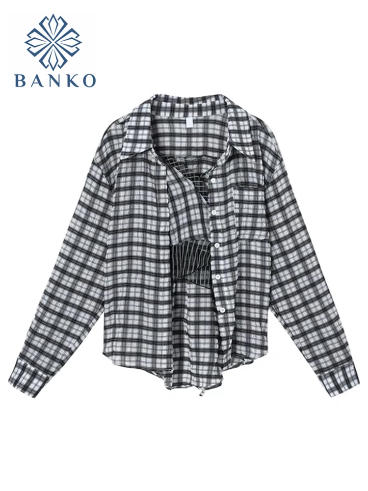 Shirt 2 Piece Set Long Sleeve Turn-down Collar Lattice Blouse + Sexy V-neck Patchwork Gauze Camisole Fashion Ladies Set Harajuku