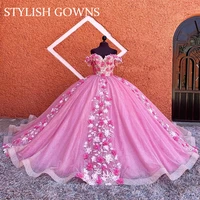 pink handmade 3d flowers ball gown off the shoulder quinceanera dresses beaded birthday party gowns prom dress princess vestidos