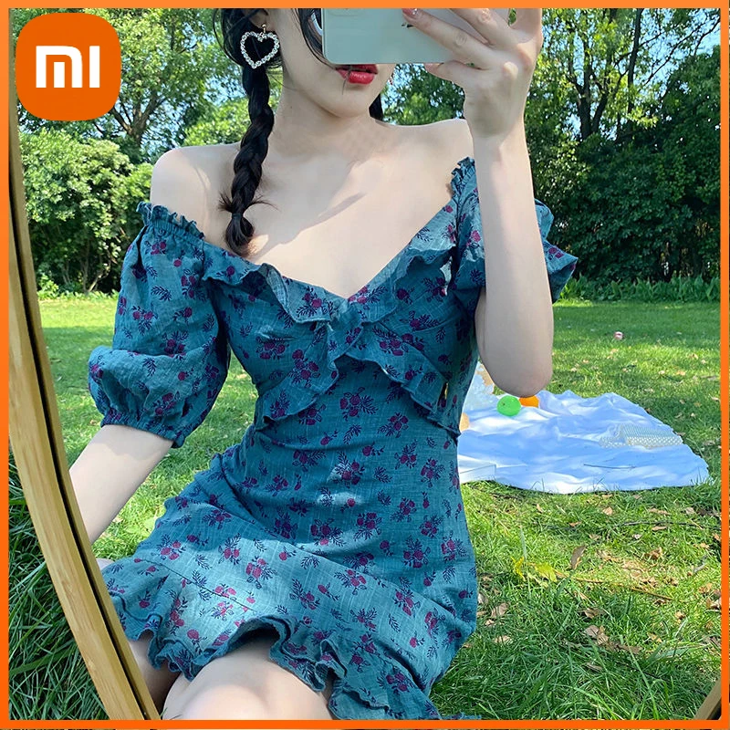 

Xiaomi Short Sleeve Elegant Vintage Dresses Women Casual Floral Mini Dress Female Design Sexy One Piece Dress Korean Summer Y2K