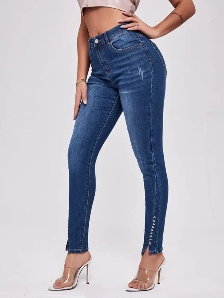 Women's Pants 2023 New Women's Jeans Open Fork Nail Bead Splicing Slim High Waist Stretch Jeans Women Pants