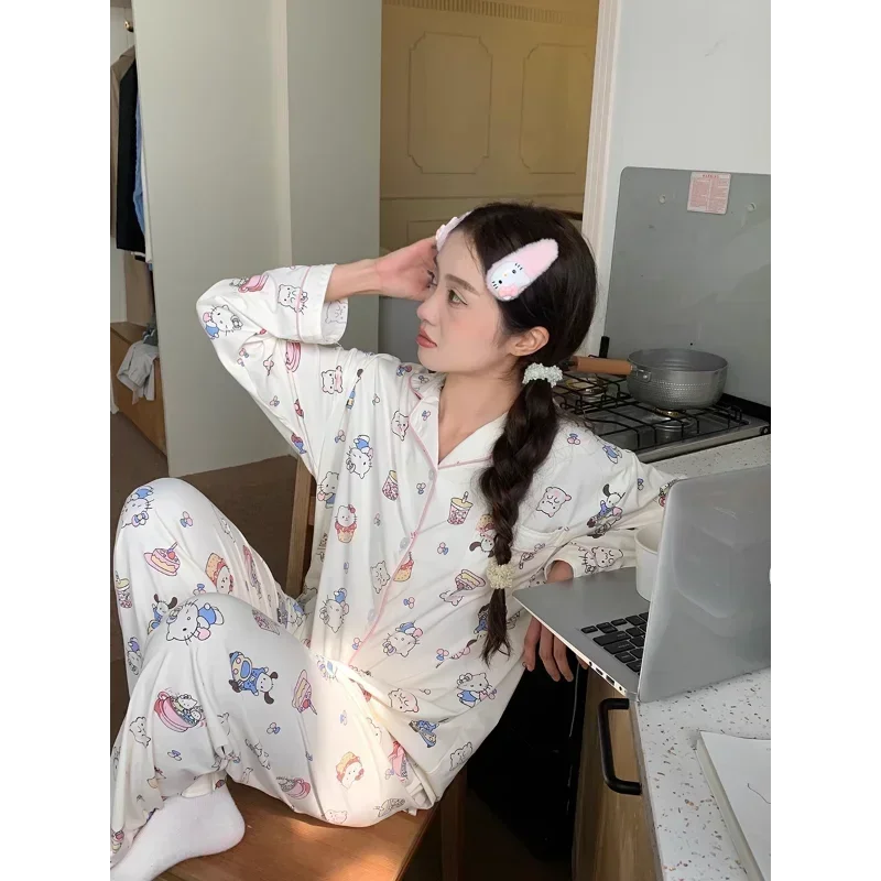 Sanrio Hello Kitty шелковые пижамы женские осенние брюки из чистого хлопка с длинными