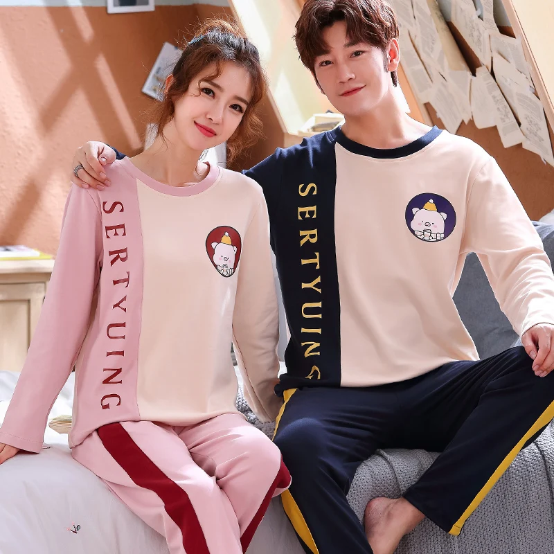 New Long Sleeve Sleepwear Couple Men and Women Matching Home Set Cotton Pjs Cartoon Prints Leisure Nightwear Pajamas for Spring