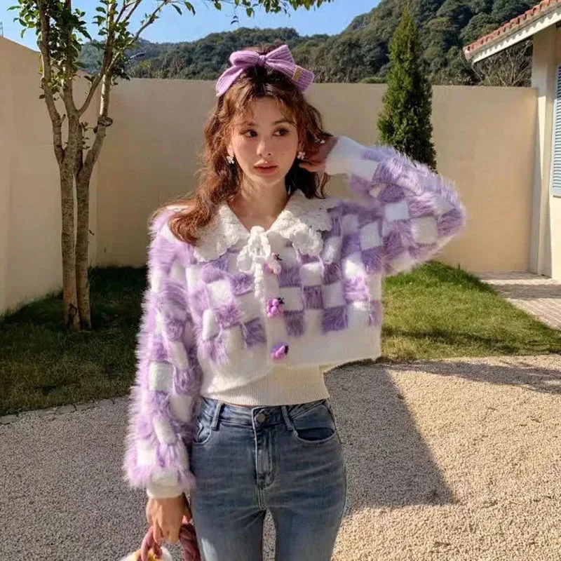 

Korean Purple Plaid Faux Mink Cashmere Cardigan Women Kawaii Cute Cropped Sweater Cardigan Lace Patchwork Buttons Sweater Woman