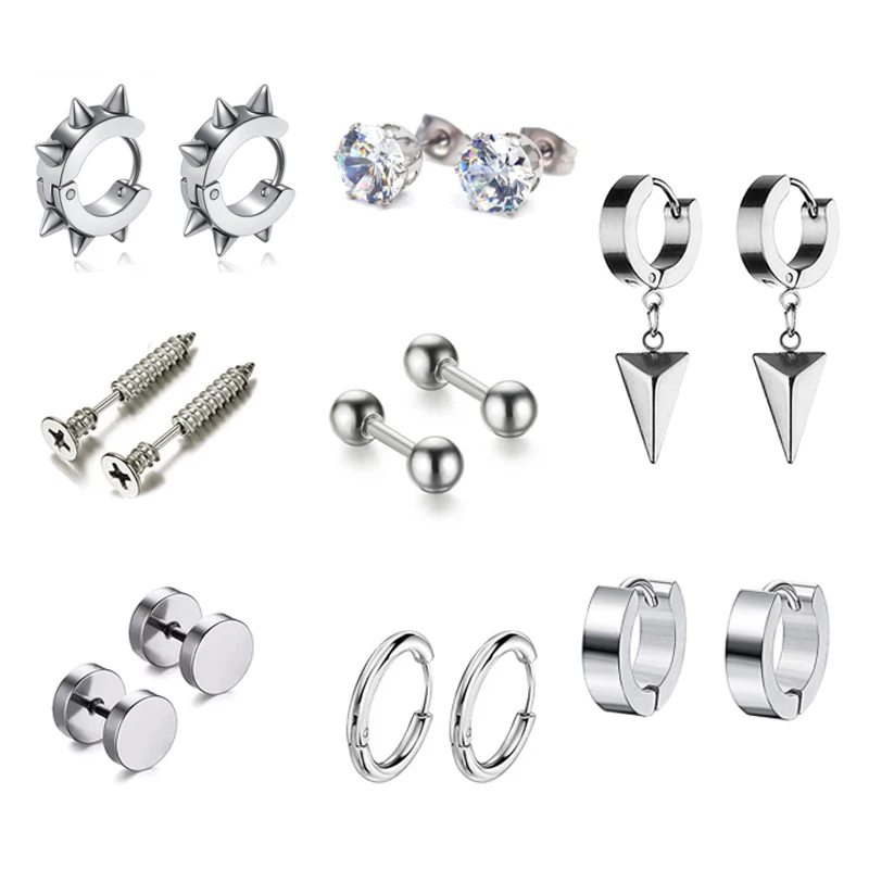

8 Pairs of Stainless Steel Stud Earrings Set Punk Gothic Hip Hop Round Zircon Pierced Earrings Women Men Black Steel Gold