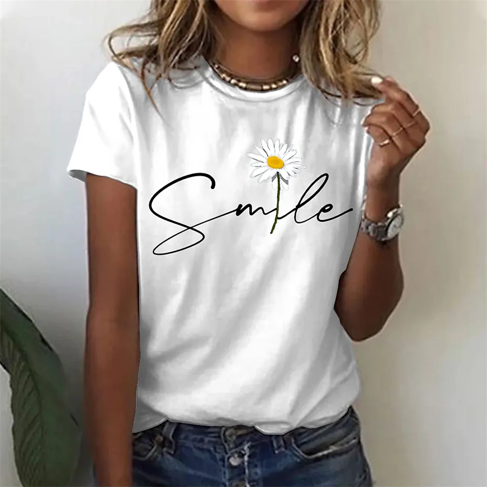 Women's T-shirt Daisy Print Short Sleeve Casual Weekend Flowers Y2k Basic Street Black And White Yellow Round Neck Top For Girls