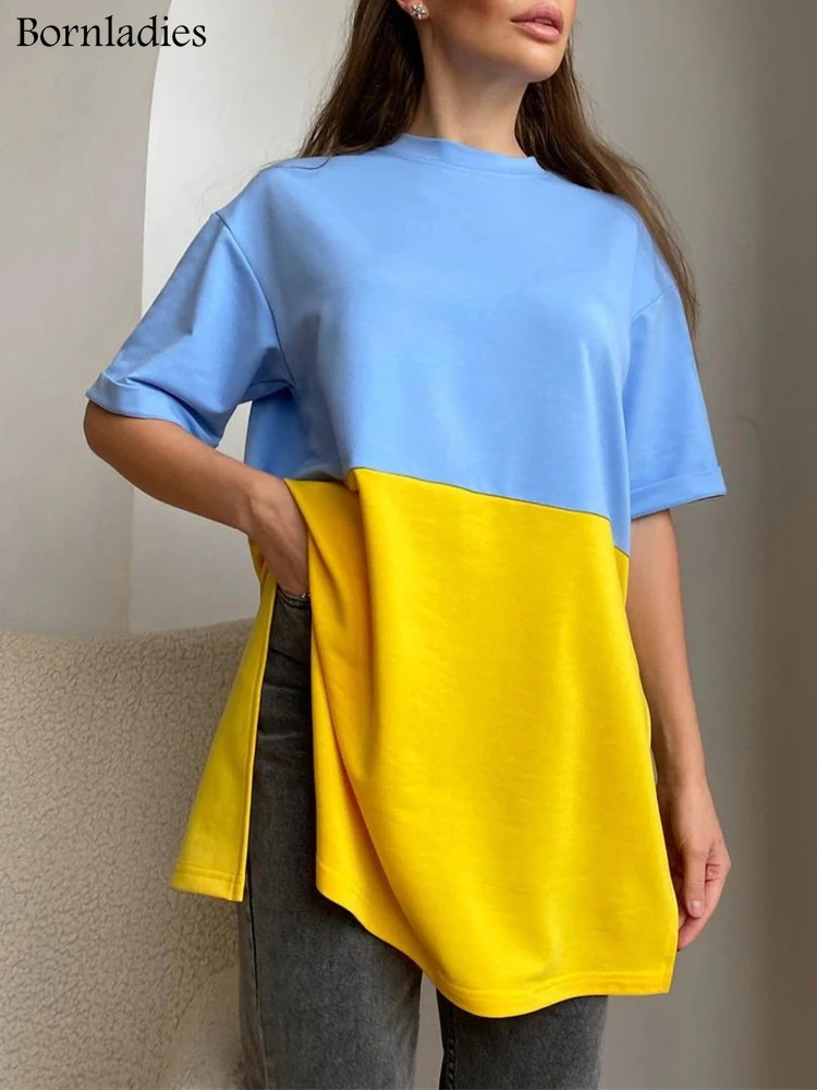 

Bornladies Повседневная футболка в стиле пэчворк летняя эластичная футболка с круглым вырезом оверсайз с разрезом полурукавом универсальные уд...