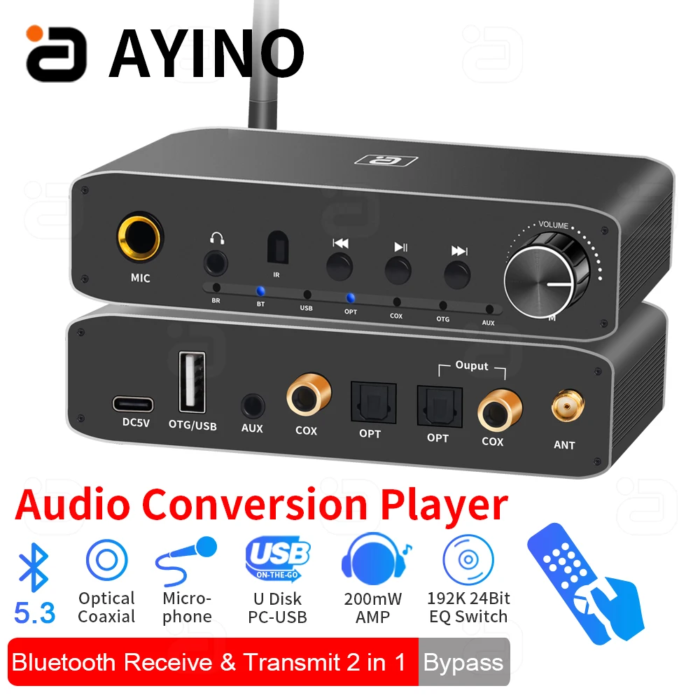 

AYINO 192K DAC Bluetooth 5.3 Receiver Transmitter Coaxial Optical Bypass Digital to Analog Audio Converter PC-USB Headphone Amp