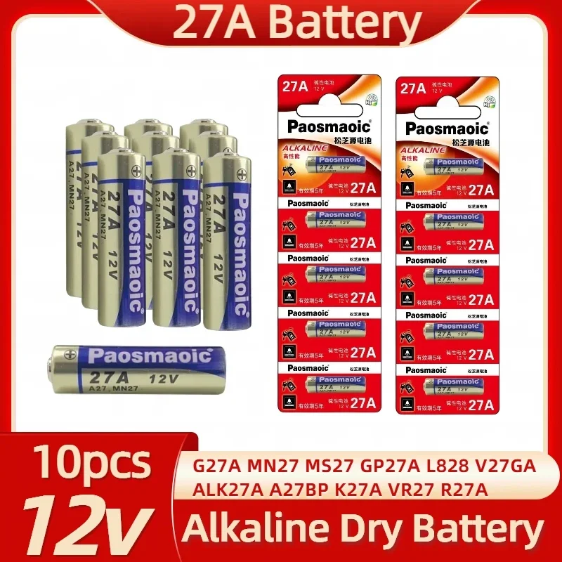 

10pcs 27A 12V Alkaline Battery A27BP K27A VR27 R27A G27A MN27 MS27 GP27A L828 V27GA ALK27A For Alarm clock Wireless mouse