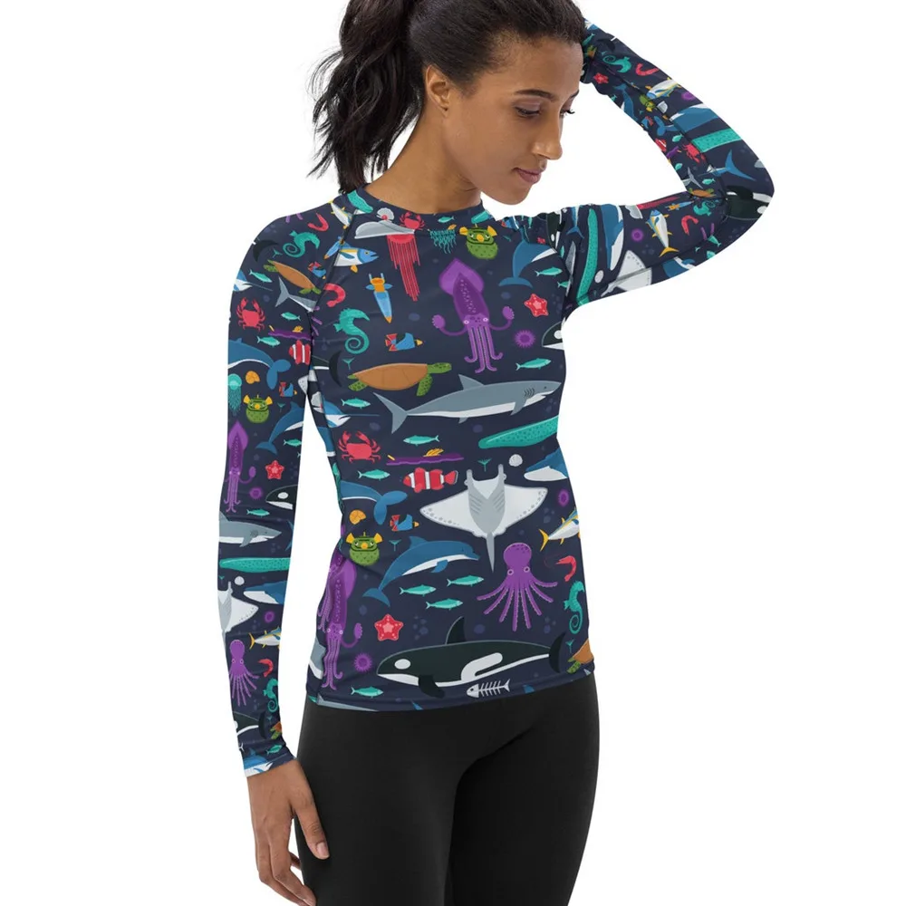 Women Rash Guard Long Sleeve UV 50+ Sun Protection Fish T Shirts Skin Dive Top Beach Swimwear Surfing Clothes Floatsuit Skating