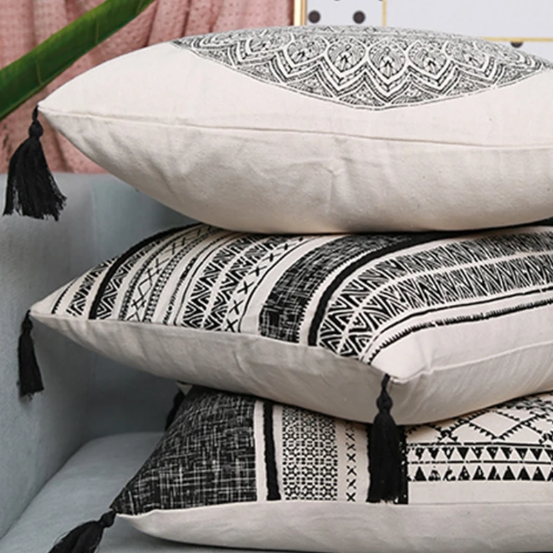 Жаккардовая подушка из Марокко для чехла с кисточками Подушка в геометрическую