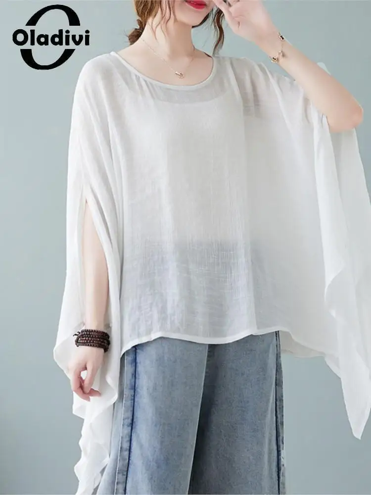 

Oladivi Women Fashion Capes Short Sleeve Blouses 2022 Summer Casual Loose Top Shirts Female Oversized Clothing 1626 4XL 5XL 6XL