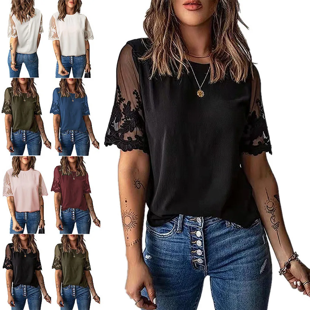 

Женская шифоновая рубашка, однотонная кружевная рубашка в европейском и американском стиле с коротким рукавом и круглым вырезом, лето 2022