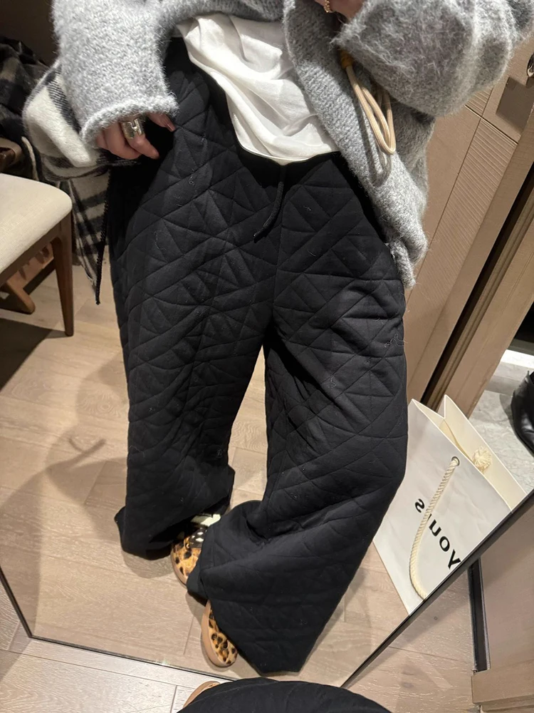 Фото Зимние толстые широкие брюки Argyle, женские уличные брюки с высокой талией Y2K, свободные повседневные брюки, женские теплые универсальные прямые брюки №5