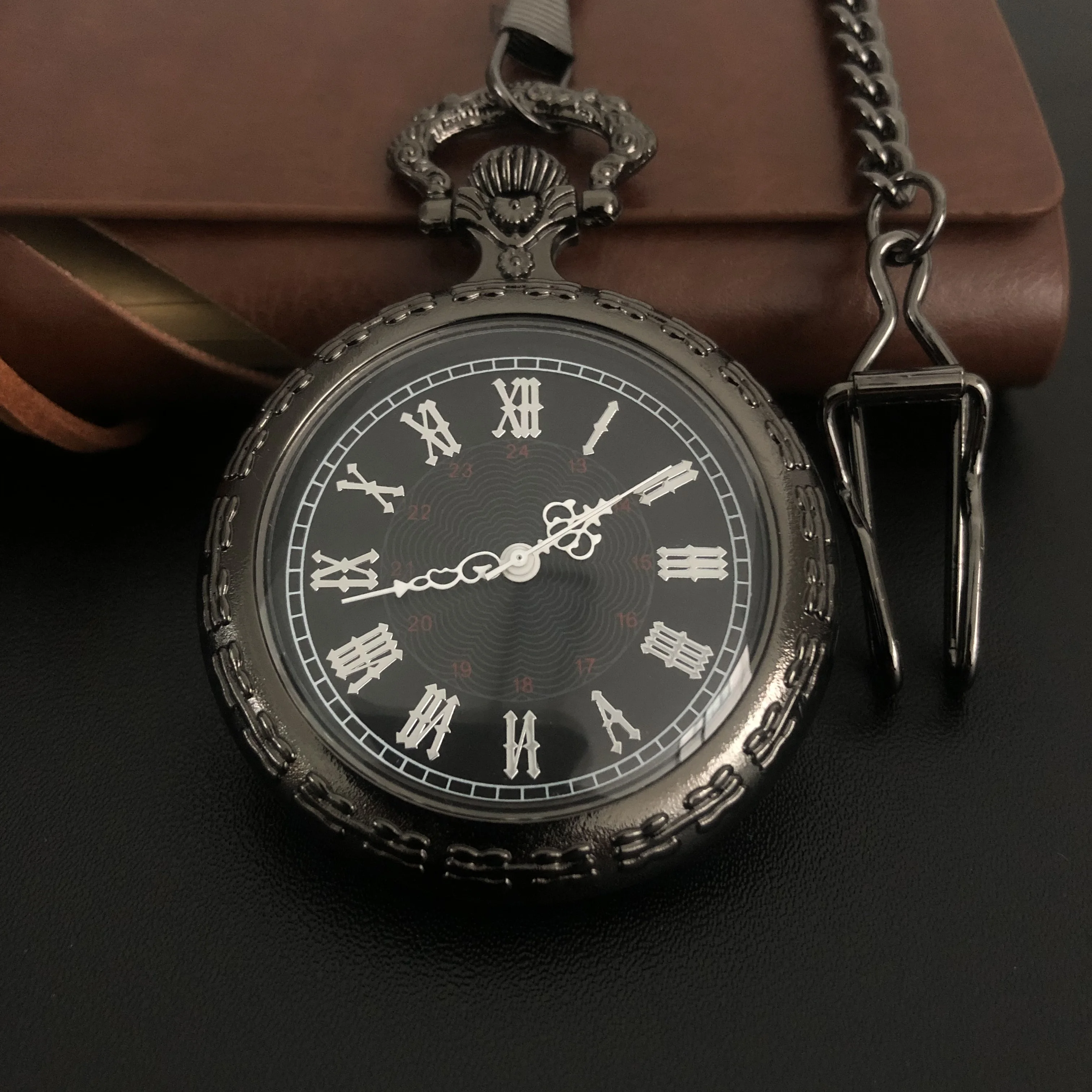 

Black Minimalist Big Dial Roman Numerals Casual Quartz Pocket Watch Necklace Pendant Gifts For Women Or Man with Fob Chain