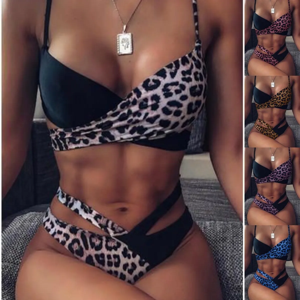 

Leopard Patchwork Swimwear Women Fashion Two Piece Set Swimsuit Bathing Suit Beach Wear Tankinis V-Neck Bikini tankinis