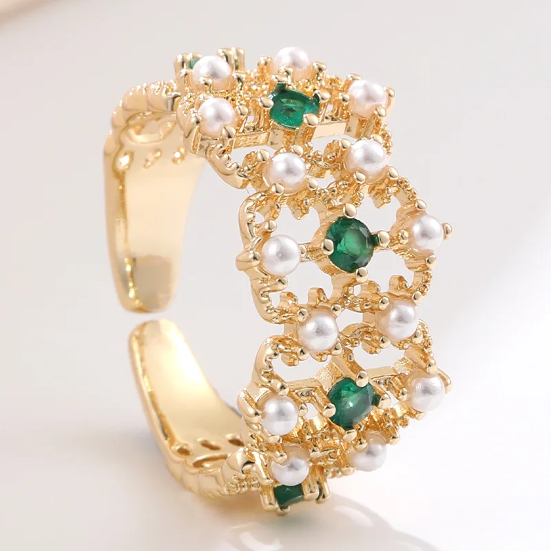 

Korean Fashion Jewelry Finger Ring Copper Light Gold Color Open Ring Zircon Hollow Out Pearl Ring for Women Party