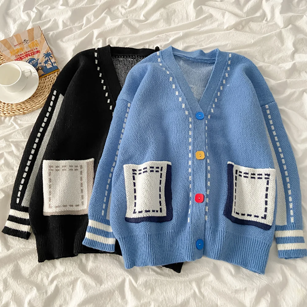 

Casual Loose Women Knitted Cardigan Spring Autumn Contrast Color V-Neck Single-Breasted Sweaters Coats Female Chic Knitting Tops