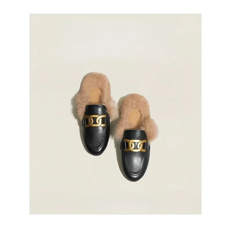 Slippers for Women In Spring and Autumn, New Leather Wrapped Lefu Half Slippers for Wearing on Muller Loafers