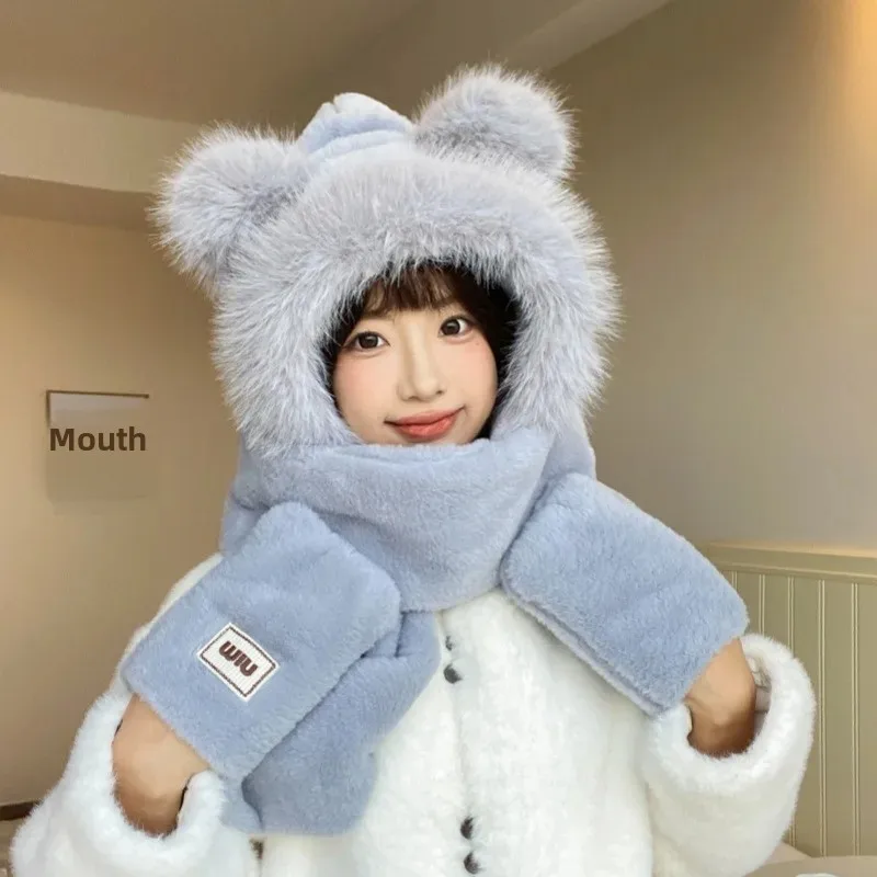 Новинка 2024 женская зимняя теплая шапка с милым медведем плюшевая для защиты ушей