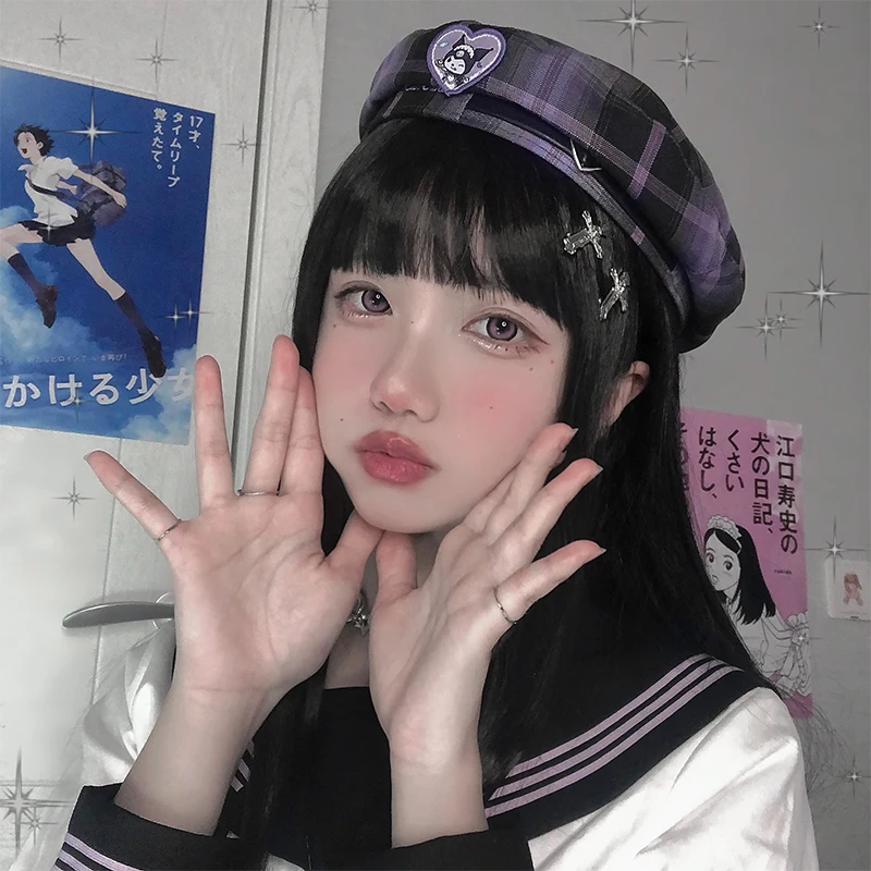 

Sanrioed Anime Kuromi Cartoon Beret Ins Girl Heart Kawaii Jk Uniform Wild Leather Buckle Windproof Beret Accessories Holidaygift