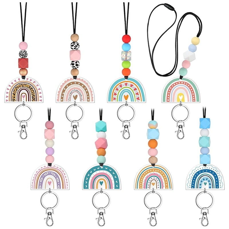 

PPYY-8 Pcs Teacher Lanyard For Id Badges And Keys Acrylic Boho Rainbow Beaded Lanyard Cute Keychains For Women Id Lanyard