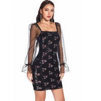 2022 spring print women mesh transparent backless mini dress night club party bodycon sexy skirt long sleeve sequins dresses