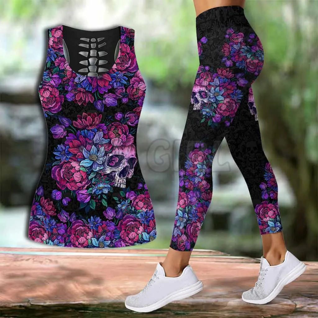 Flower Skull Leggings And Hollow Tank Top 3D Printed Tank Top+Legging Combo Outfit Yoga Fitness Legging Women